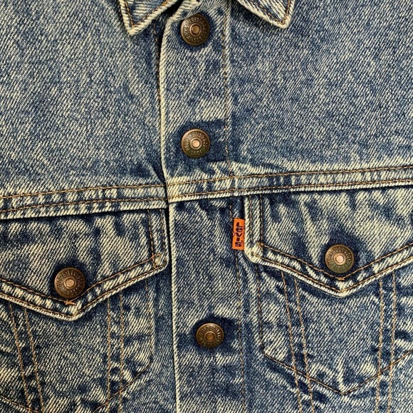 Levis Vintage Levis Kids Denim Trucker Jacket Sz 7 Acid Wash 90s Orange Tab USA - Picture 4 of 8